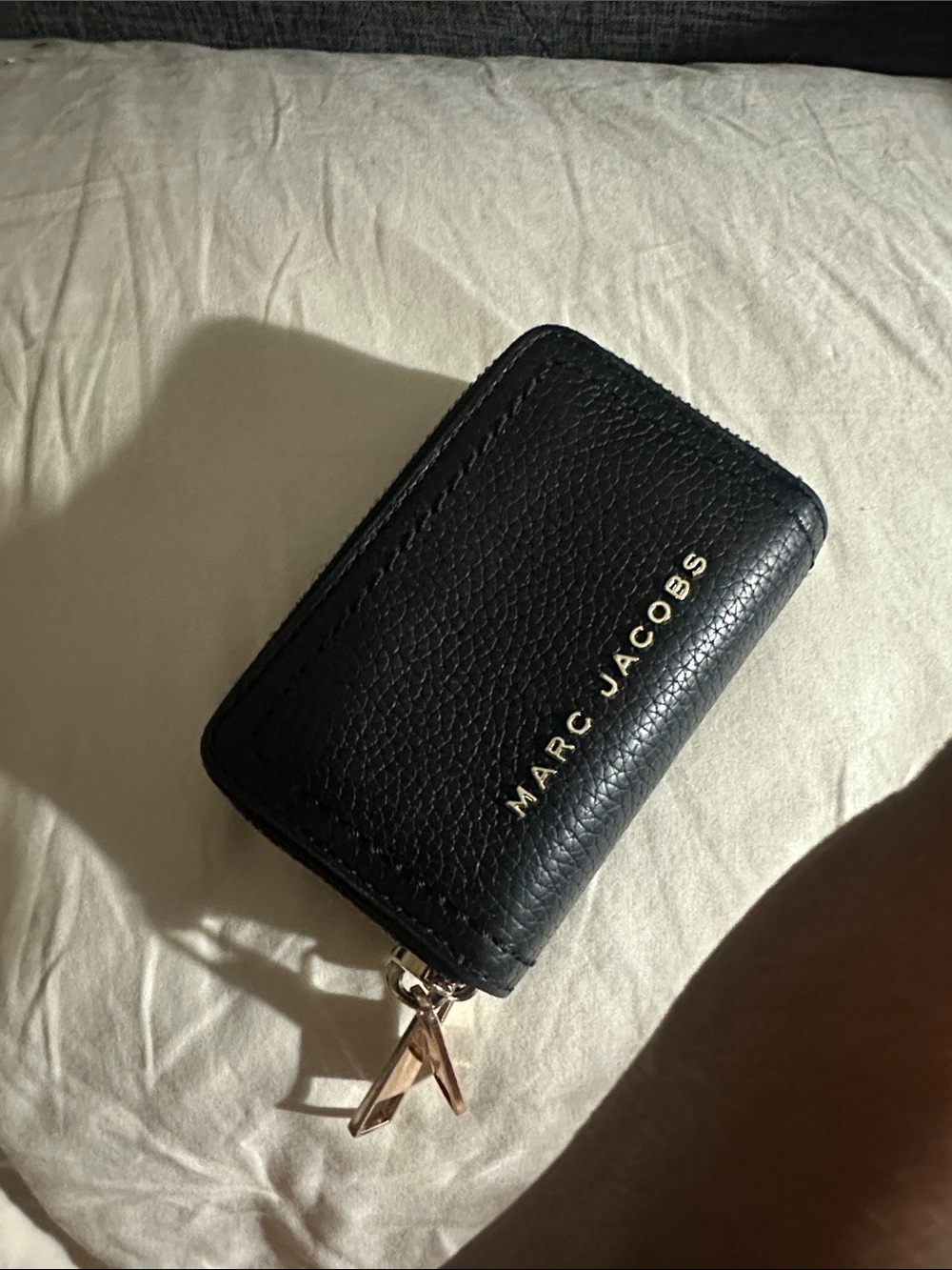 Marc Jacobs Black Pebbled Leather Zip Card Wallet with Gold Hardware